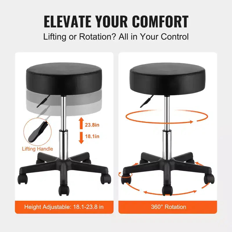 Tabouret roulant VEVOR avec roues, capacité de poids de 180 kg, hauteur réglable avec coussin d'assise ultra-épais, tabouret pivotant, noir