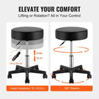 Tabouret roulant VEVOR avec roues, capacité de poids de 180 kg, hauteur réglable avec coussin d'assise ultra-épais, tabouret pivotant, noir
