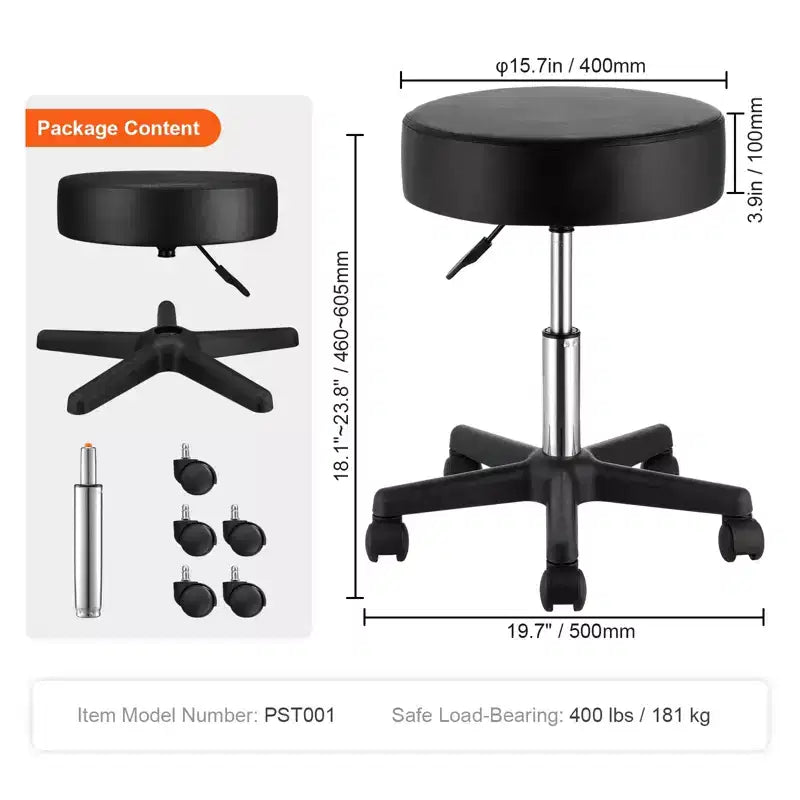 Tabouret roulant VEVOR avec roues, capacité de poids de 180 kg, hauteur réglable avec coussin d'assise ultra-épais, tabouret pivotant, noir