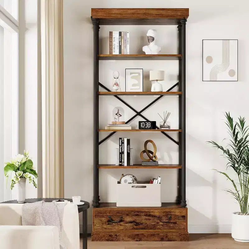 6 Étagères avec tiroirs de rangement, étagères de présentation verticales hautes, étagères de rangement en bois et métal pour salons, chambres et bureaux à domicile