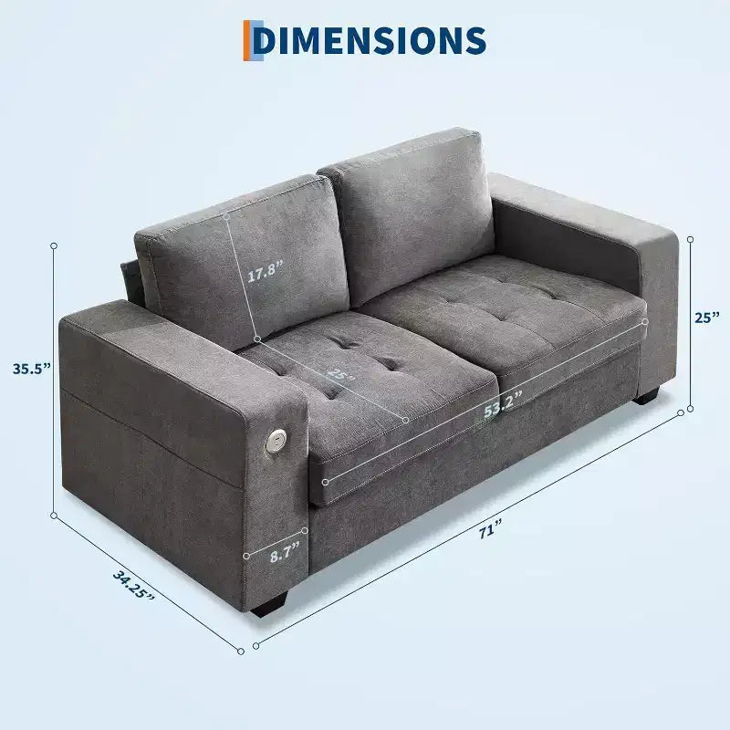Canapé Causeuse en Chenille 70 po avec Chargement USB Canapé Sectionnel Moderne avec Poches de Rangement et Housse Amovible pour Salon, Appartement