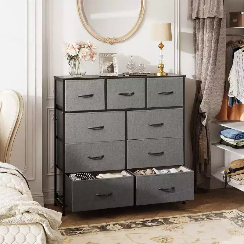 Commode GALAXHERO à 9 tiroirs en tissu pour chambre, couloir, placard avec bacs en tissu, cadre en acier, dessus en bois, poignée facile à tirer