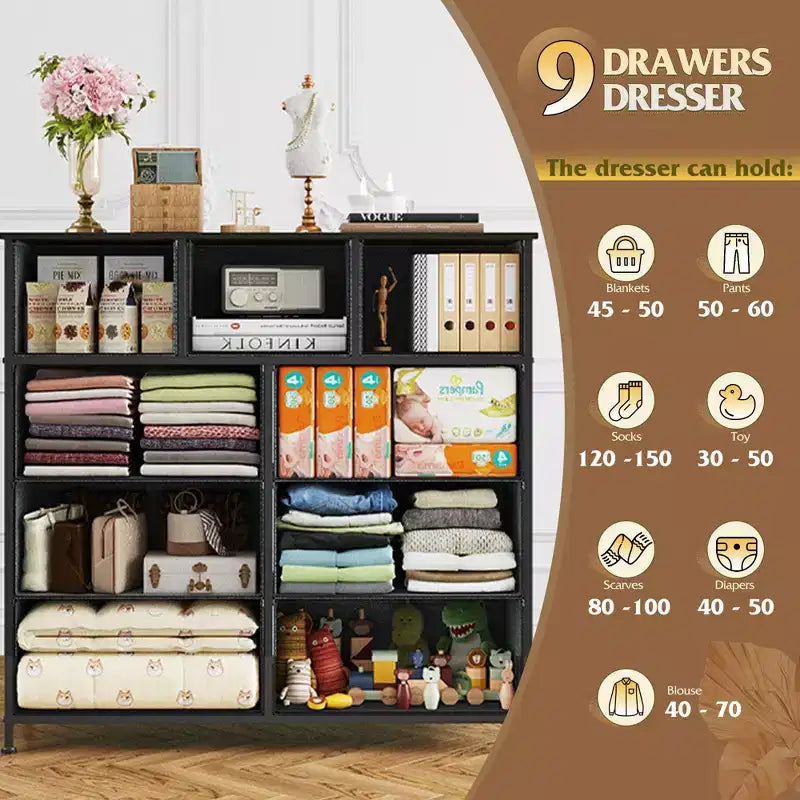 Commode GALAXHERO à 9 tiroirs en tissu pour chambre, couloir, placard avec bacs en tissu, cadre en acier, dessus en bois, poignée facile à tirer