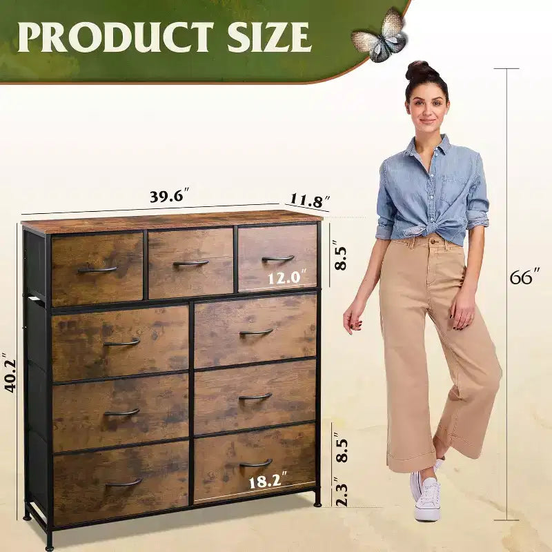 Commode GALAXHERO à 9 tiroirs en tissu pour chambre, couloir, placard avec bacs en tissu, cadre en acier, dessus en bois, poignée facile à tirer