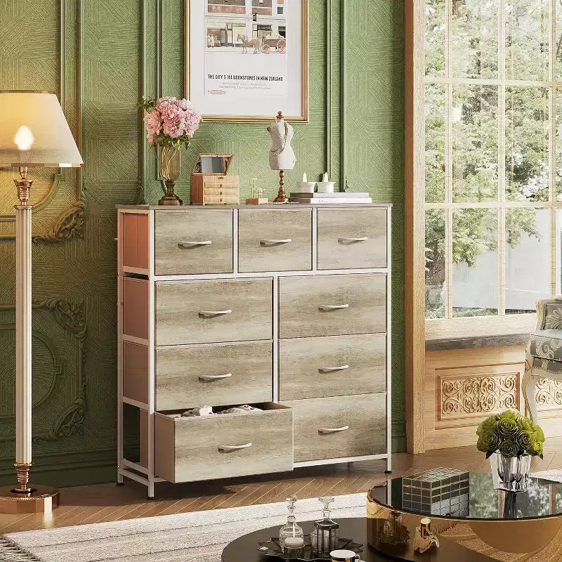 Commode GALAXHERO à 9 tiroirs en tissu pour chambre, couloir, placard avec bacs en tissu, cadre en acier, dessus en bois, poignée facile à tirer