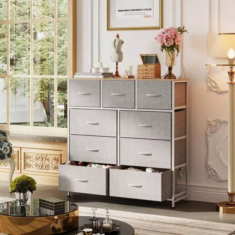 Commode GALAXHERO à 9 tiroirs en tissu pour chambre, couloir, placard avec bacs en tissu, cadre en acier, dessus en bois, poignée facile à tirer