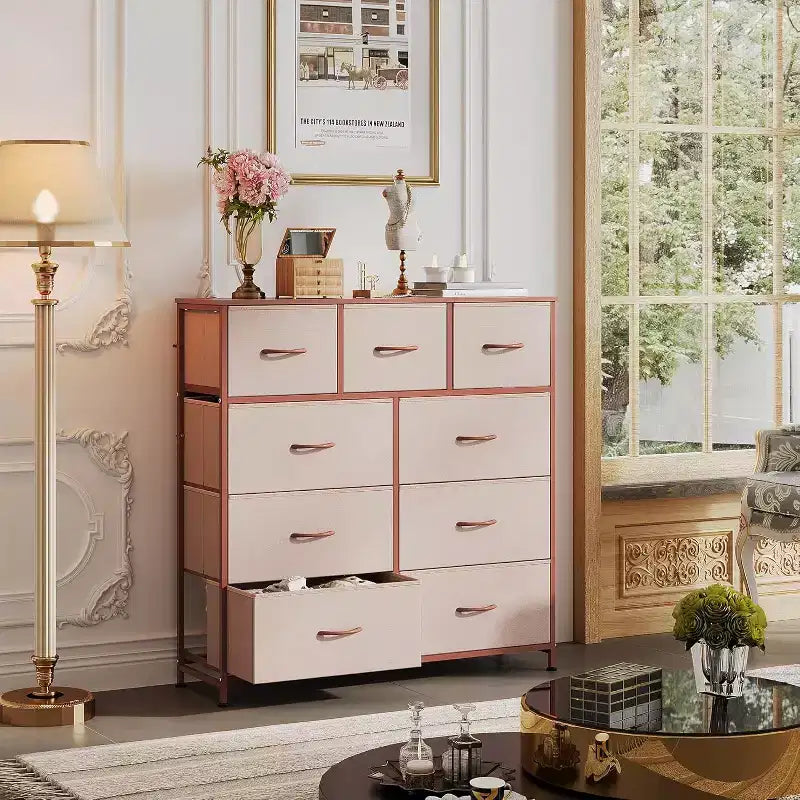Commode GALAXHERO à 9 tiroirs en tissu pour chambre, couloir, placard avec bacs en tissu, cadre en acier, dessus en bois, poignée facile à tirer