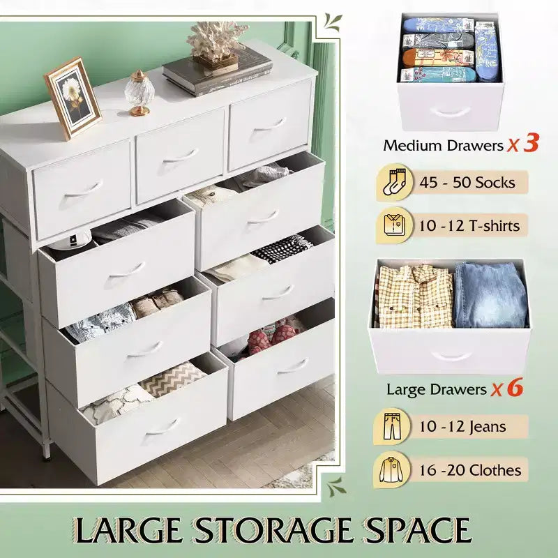 Commode GALAXHERO à 9 tiroirs en tissu pour chambre, couloir, placard avec bacs en tissu, cadre en acier, dessus en bois, poignée facile à tirer