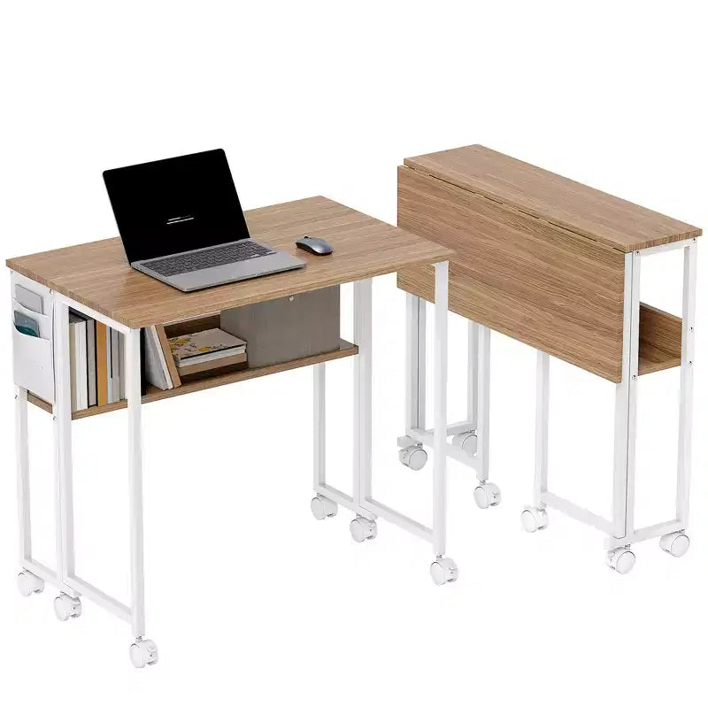 HOMCOM Petit bureau pliable, bureau d'ordinateur pliable de 80 cm avec sac de rangement, étagère et roulettes pour petits espaces, bureau à domicile, assemblage facile