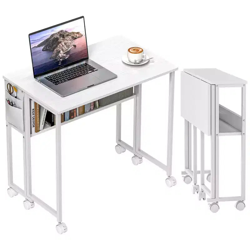 HOMCOM Petit bureau pliable, bureau d'ordinateur pliable de 80 cm avec sac de rangement, étagère et roulettes pour petits espaces, bureau à domicile, assemblage facile