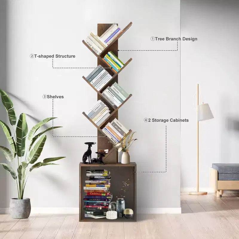 Hyleory Étagère en Bois en Forme d'Arbre de 133 cm avec Meuble de Rangement, Bibliothèque Autonome à 6 Niveaux pour CD/Films/Livres