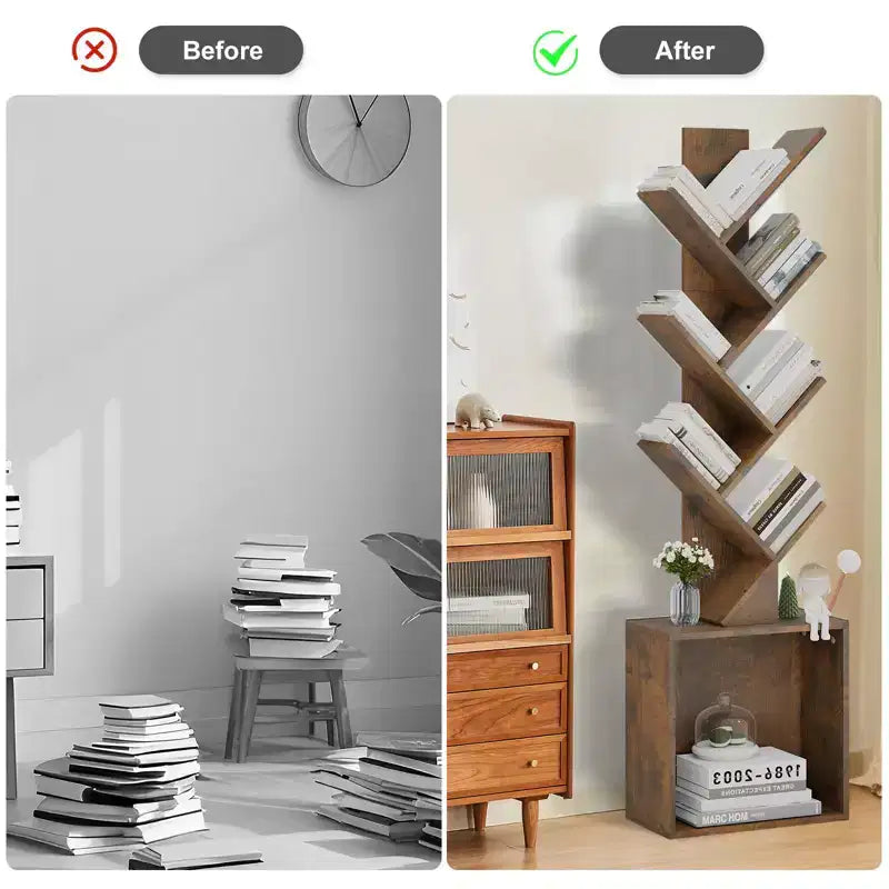 Hyleory Étagère en Bois en Forme d'Arbre de 133 cm avec Meuble de Rangement, Bibliothèque Autonome à 6 Niveaux pour CD/Films/Livres
