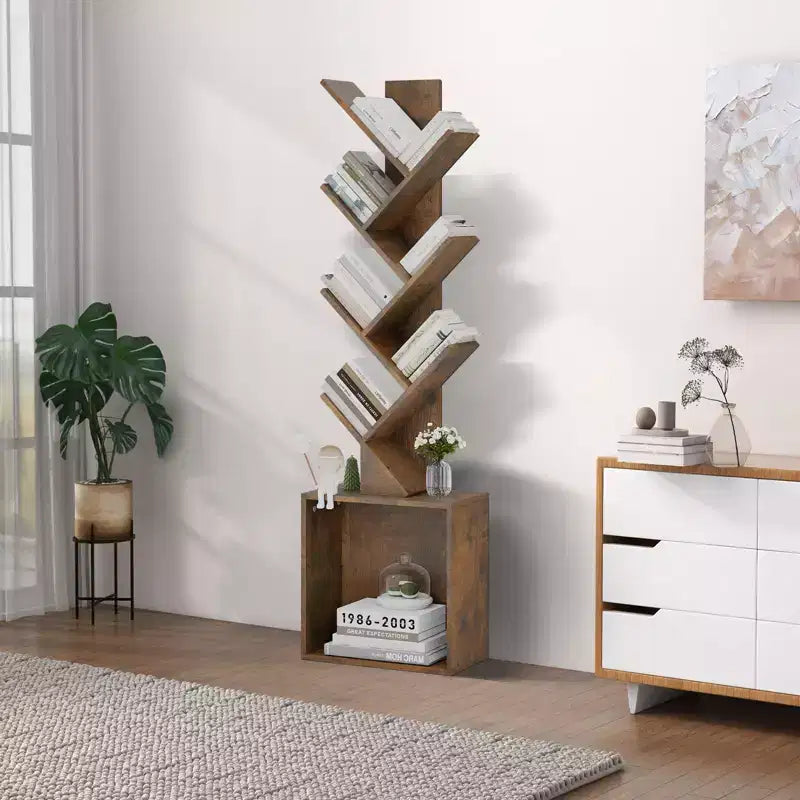 Hyleory Étagère en Bois en Forme d'Arbre de 133 cm avec Meuble de Rangement, Bibliothèque Autonome à 6 Niveaux pour CD/Films/Livres