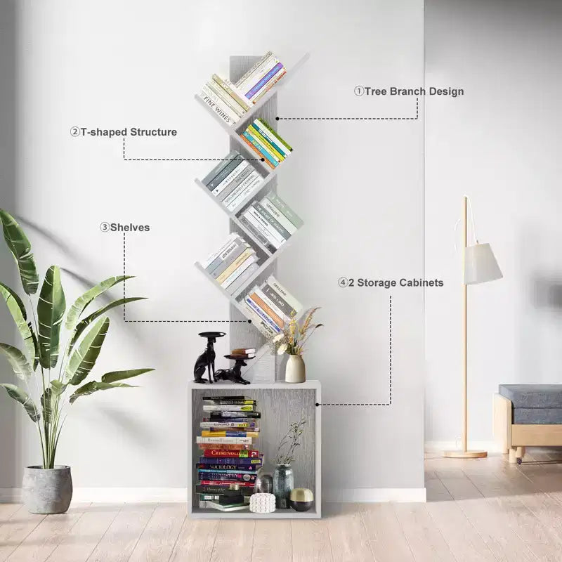 Hyleory Étagère en Bois en Forme d'Arbre de 133 cm avec Meuble de Rangement, Bibliothèque Autonome à 6 Niveaux pour CD/Films/Livres