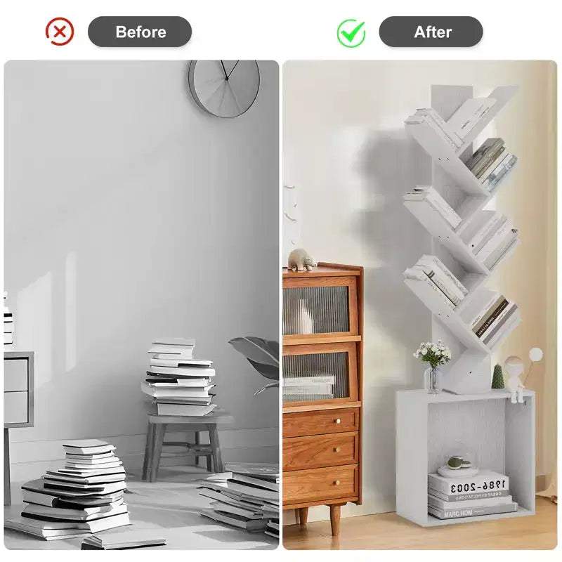 Hyleory Étagère en Bois en Forme d'Arbre de 133 cm avec Meuble de Rangement, Bibliothèque Autonome à 6 Niveaux pour CD/Films/Livres