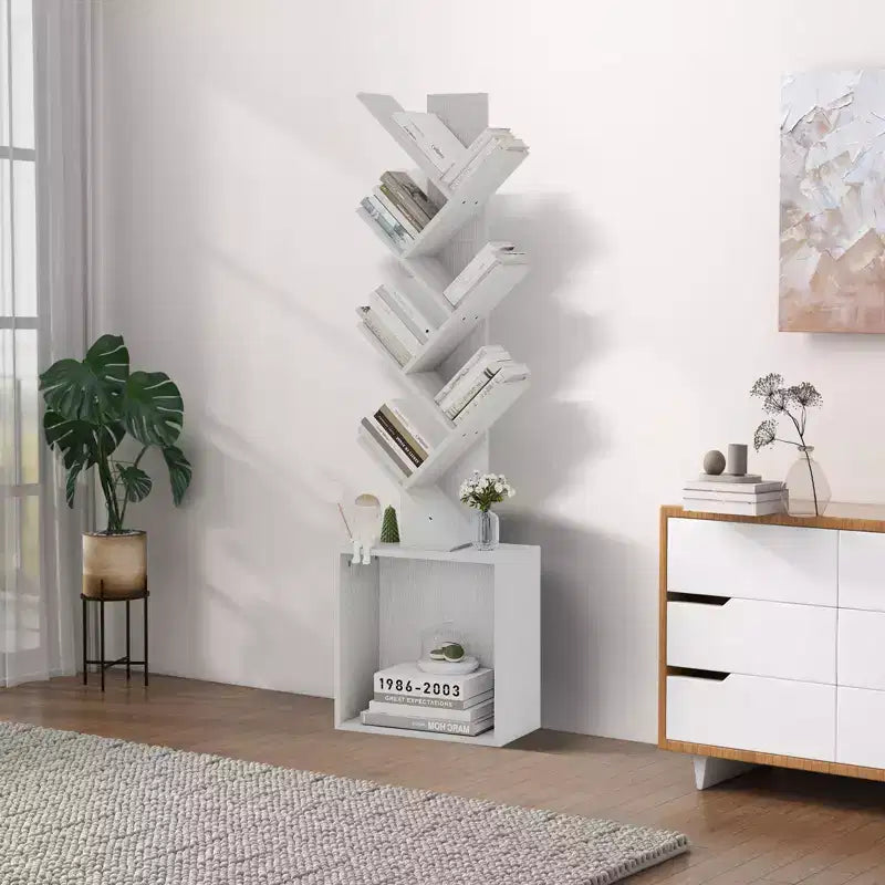 Hyleory Étagère en Bois en Forme d'Arbre de 133 cm avec Meuble de Rangement, Bibliothèque Autonome à 6 Niveaux pour CD/Films/Livres
