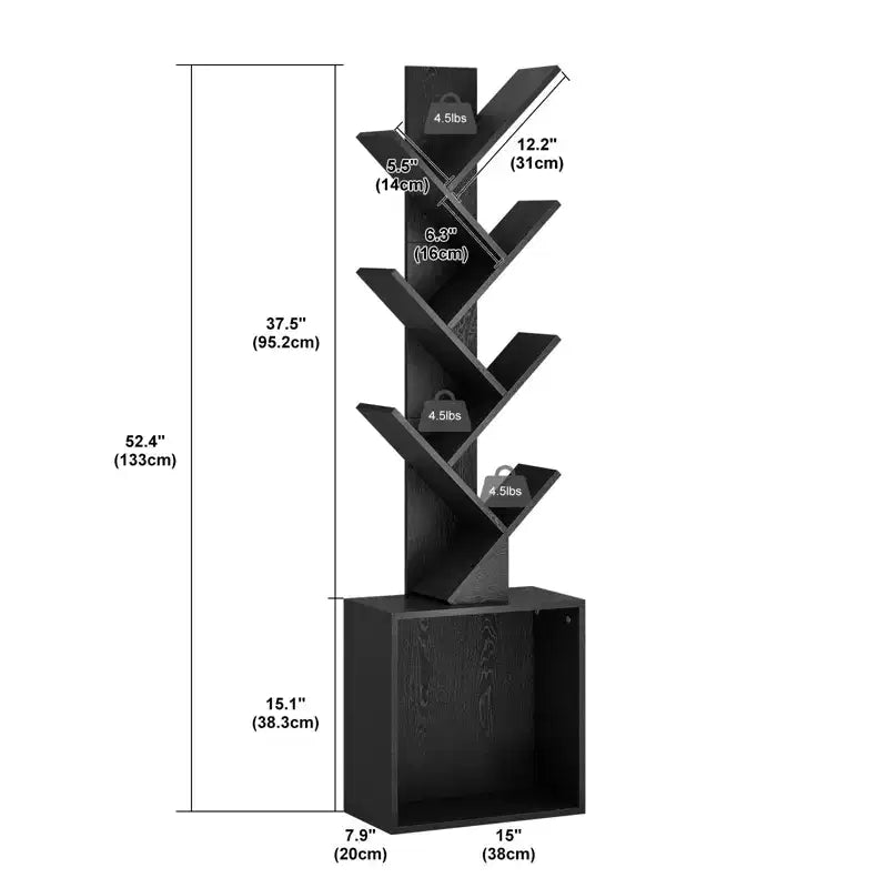 Hyleory Étagère en Bois en Forme d'Arbre de 133 cm avec Meuble de Rangement, Bibliothèque Autonome à 6 Niveaux pour CD/Films/Livres