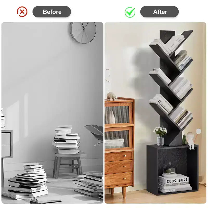 Hyleory Étagère en Bois en Forme d'Arbre de 133 cm avec Meuble de Rangement, Bibliothèque Autonome à 6 Niveaux pour CD/Films/Livres