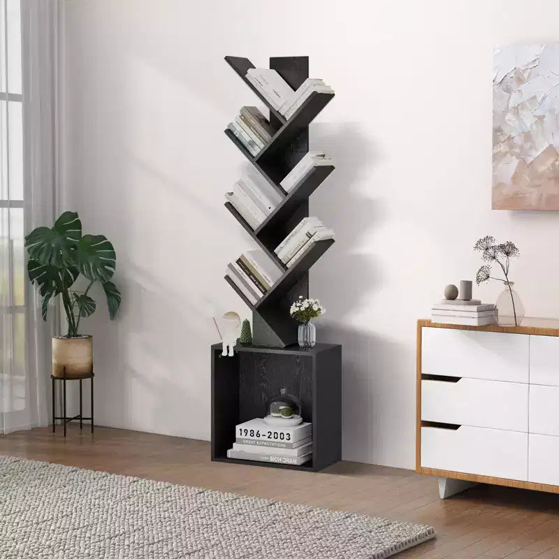 Hyleory Étagère en Bois en Forme d'Arbre de 133 cm avec Meuble de Rangement, Bibliothèque Autonome à 6 Niveaux pour CD/Films/Livres