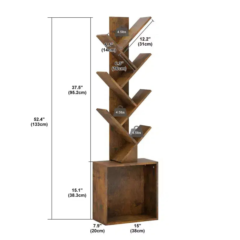 Hyleory Étagère en Bois en Forme d'Arbre de 133 cm avec Meuble de Rangement, Bibliothèque Autonome à 6 Niveaux pour CD/Films/Livres