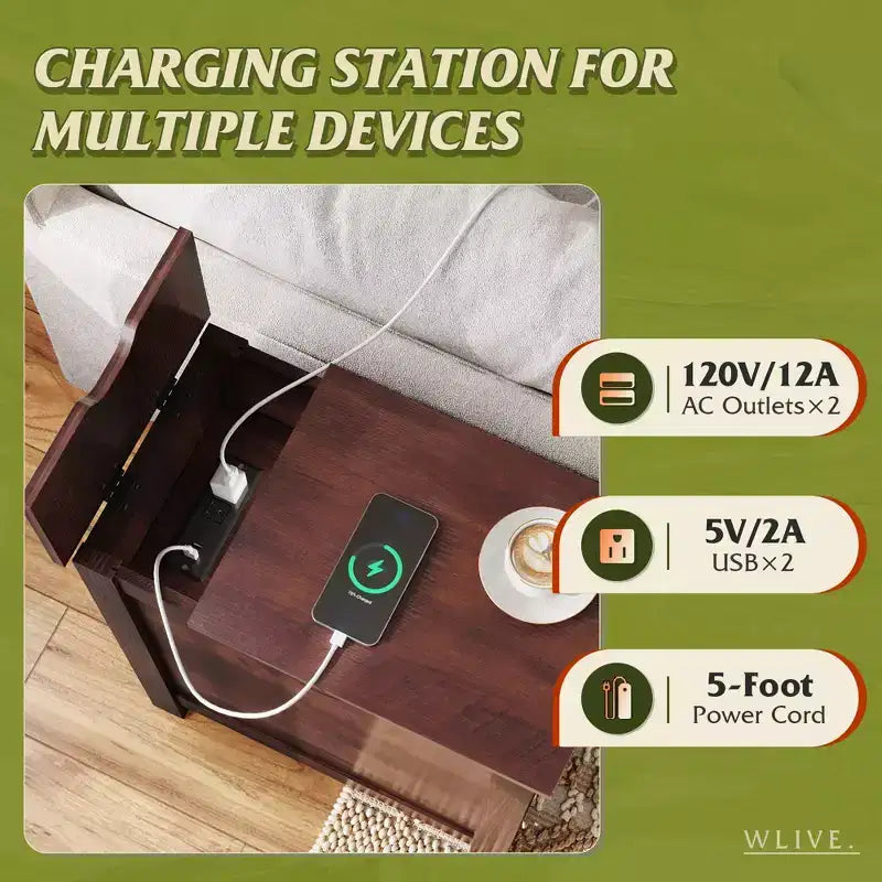 DEXYLLO Table d'appoint de ferme pour salon, table de chevet avec station de recharge