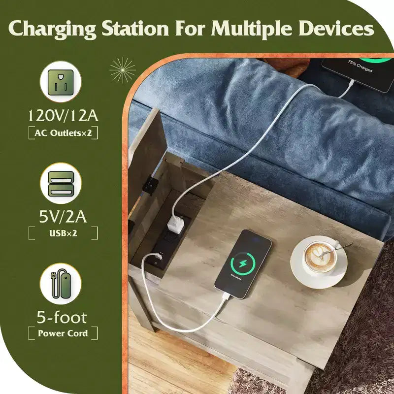 DEXYLLO Table d'appoint de ferme pour salon, table de chevet avec station de recharge