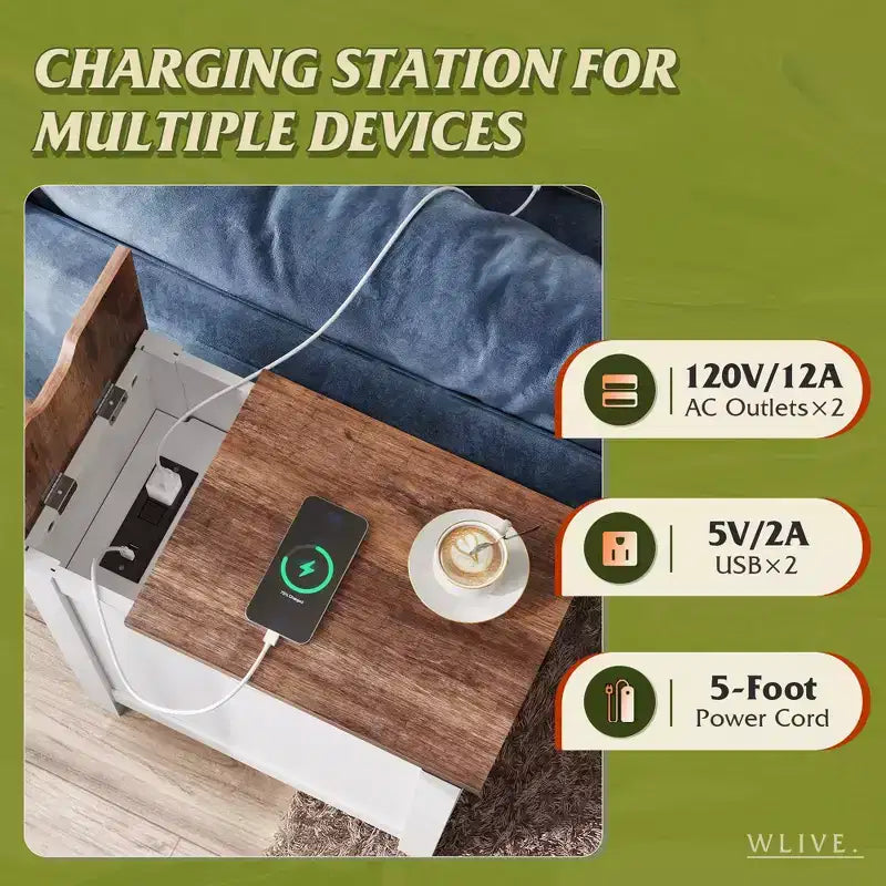 DEXYLLO Table d'appoint de ferme pour salon, table de chevet avec station de recharge