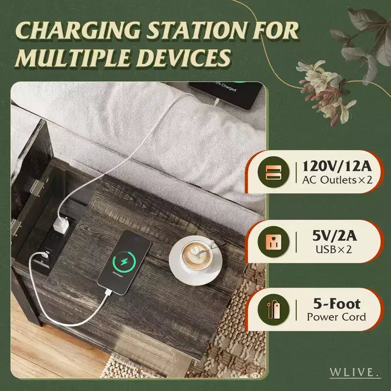 DEXYLLO Table d'appoint de ferme pour salon, table de chevet avec station de recharge