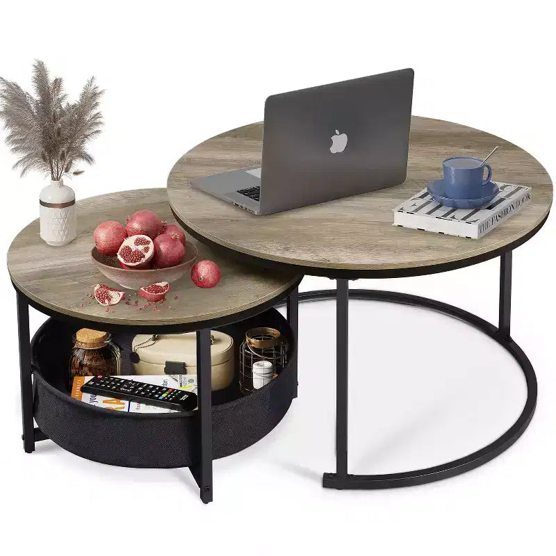 GALAXHERO Lot de 2 tables basses rondes gigognes - Tables d'appoint de 80 cm avec rangement et cadre métallique pour salon/appartement