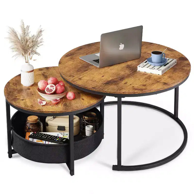 GALAXHERO Lot de 2 tables basses rondes gigognes - Tables d'appoint de 80 cm avec rangement et cadre métallique pour salon/appartement