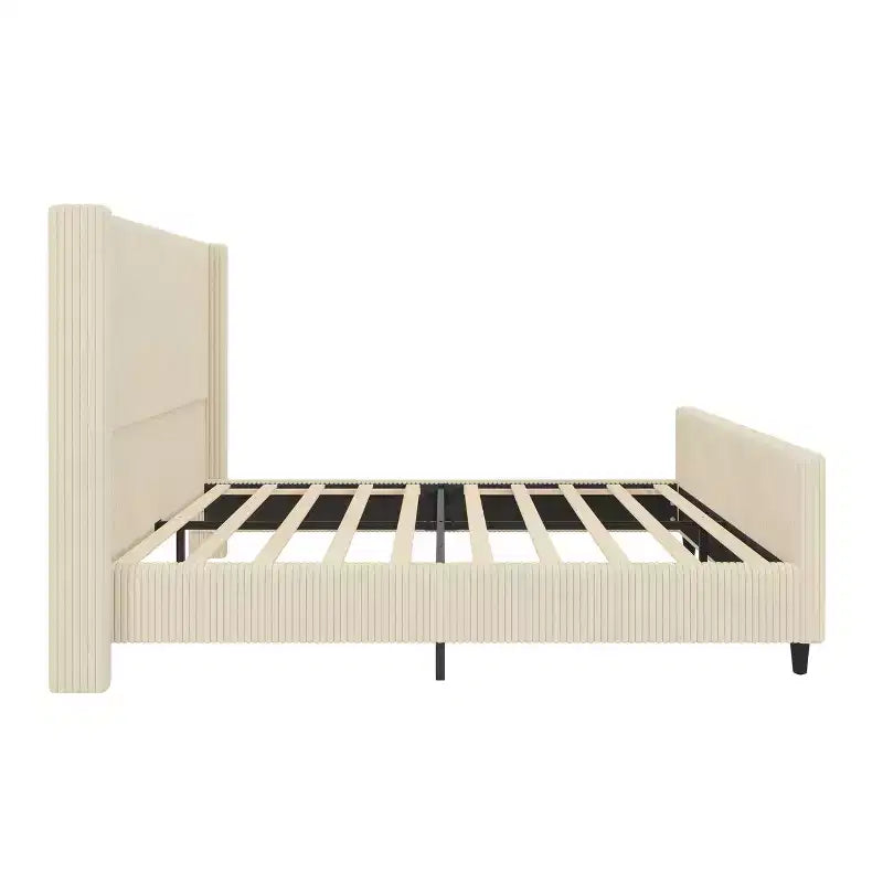 Lit plateforme tapissier Queen/King Size avec tête de lit haute à oreilles et pied de lit haut, velours côtelé, crème/taupe-ModernLuxe