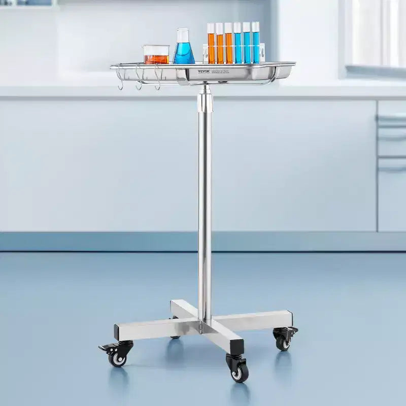 Support de plateau VEVOR Mayo, plateau Mayo en acier inoxydable, capacité de charge jusqu'à 15,9 kg, hauteur réglable de 64 à 101 cm, plateau médical sur roulettes avec plateau amovible