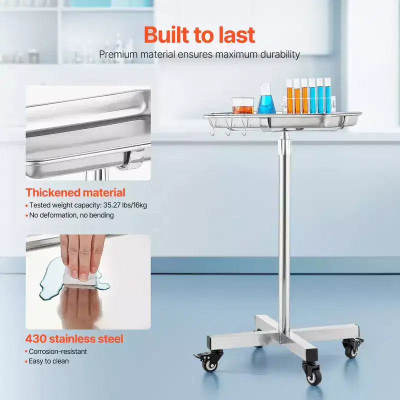 Support de plateau VEVOR Mayo, plateau Mayo en acier inoxydable, capacité de charge jusqu'à 15,9 kg, hauteur réglable de 64 à 101 cm, plateau médical sur roulettes avec plateau amovible