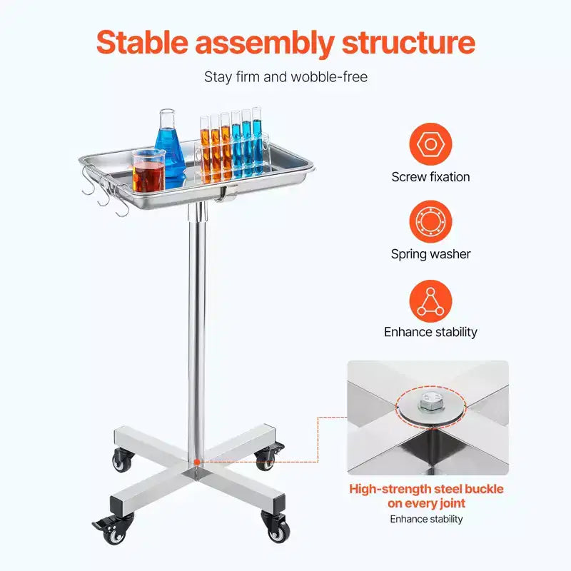 Support de plateau VEVOR Mayo, plateau Mayo en acier inoxydable, capacité de charge jusqu'à 15,9 kg, hauteur réglable de 64 à 101 cm, plateau médical sur roulettes avec plateau amovible