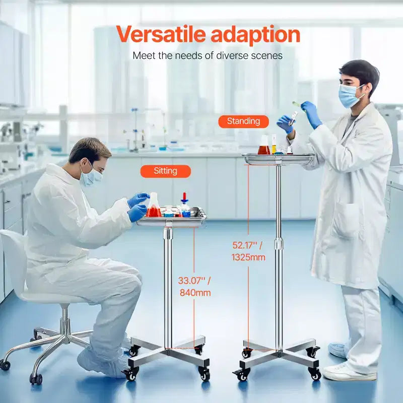 Support de plateau VEVOR Mayo, plateau Mayo en acier inoxydable, capacité de charge jusqu'à 15,9 kg, hauteur réglable de 64 à 101 cm, plateau médical sur roulettes avec plateau amovible