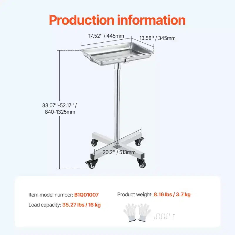 Support de plateau VEVOR Mayo, plateau Mayo en acier inoxydable, capacité de charge jusqu'à 15,9 kg, hauteur réglable de 64 à 101 cm, plateau médical sur roulettes avec plateau amovible