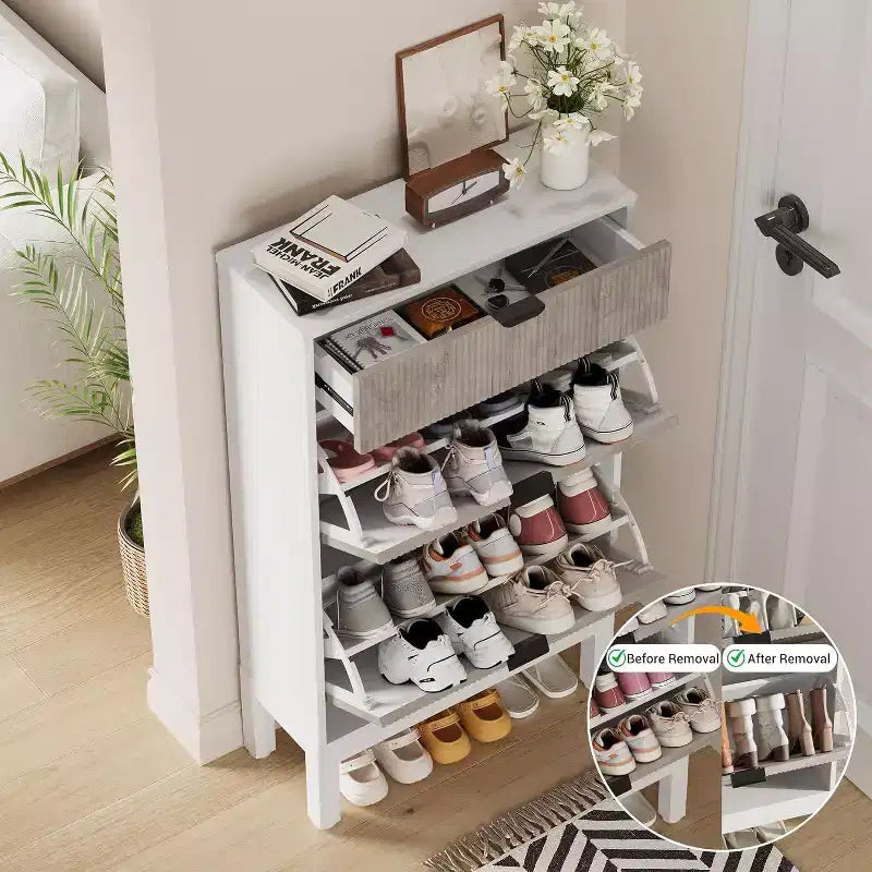 Meuble de rangement pour chaussures Acekool avec 2 tiroirs basculants et un petit tiroir, meuble d'entrée fin avec portes cannelées