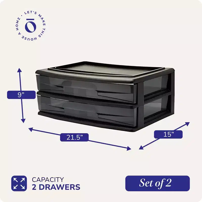 Chariot de rangement Homz, lot de 2, large, 2 tiroirs en plastique, pour l'organisation de la maison et du bureau, cadre noir avec tiroirs teintés fumée