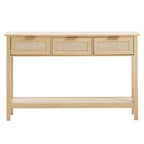 VEVOR Rattan Console Table with 3 Storage Drawers, Rattan Entryway Table with Natural Rattan Sliding Door, Console Sofa Table, Natural