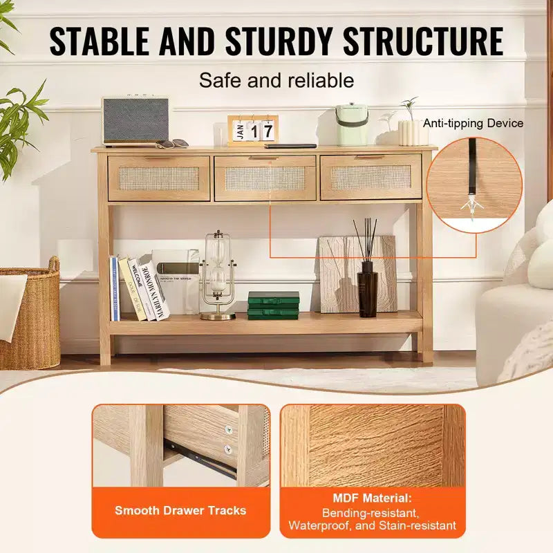 VEVOR Console en rotin avec 3 tiroirs de rangement, table d'entrée en rotin avec porte coulissante en rotin naturel, table de canapé console, naturelle
