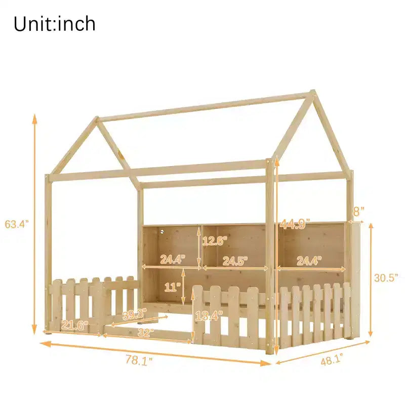 Okak Playhouse Floor Bed Twin Size avec barrières de sécurité, lit cabane pour enfants avec étagère de rangement, cadre de lit cabane en bois