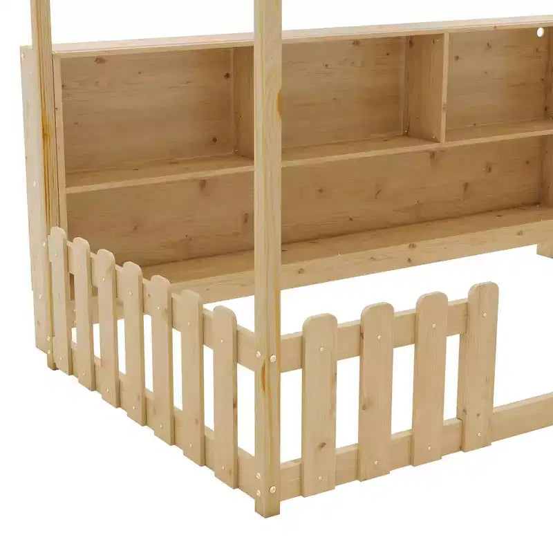 Okak Playhouse Floor Bed Twin Size avec barrières de sécurité, lit cabane pour enfants avec étagère de rangement, cadre de lit cabane en bois