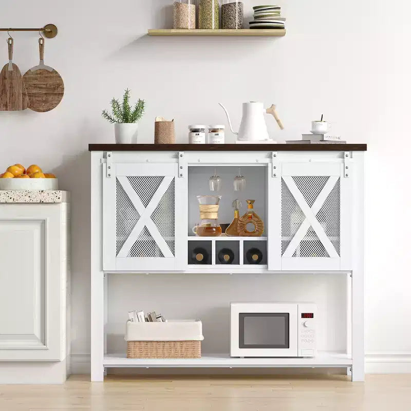 YESFASHION Buffet de ferme avec rangement, table de bar à café avec porte coulissante en maille métallique de grange, buffet de cuisine avec étagère inférieure