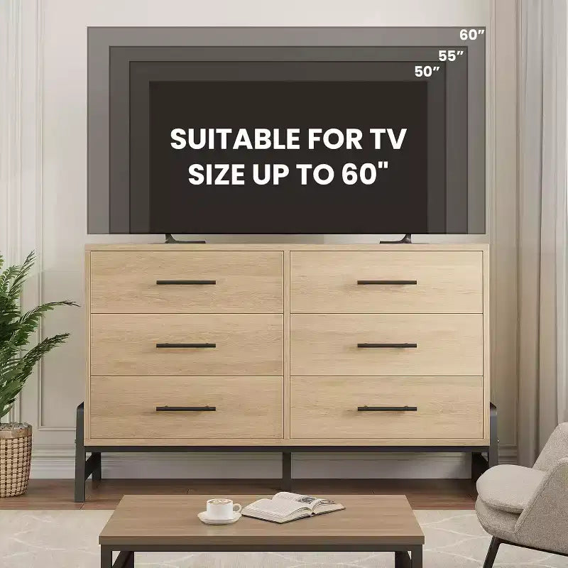 Commode à 6 tiroirs, Meuble TV, Armoire de rangement en bois à tiroirs larges sur pied pour salon, chambre, entrée