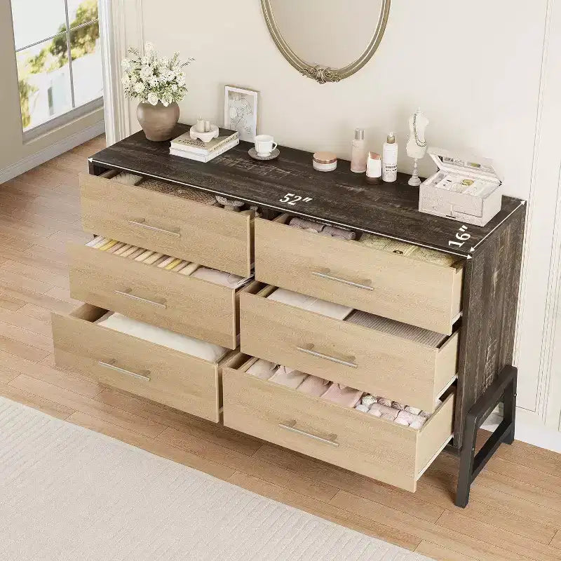Commode à 6 tiroirs, Meuble TV, Armoire de rangement en bois à tiroirs larges sur pied pour salon, chambre, entrée