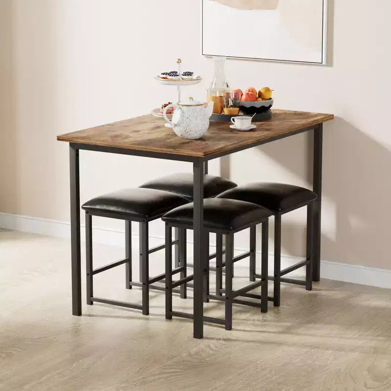 Ensemble Table et Chaises de Cuisine VECELO pour 4, Ensemble Salle à Manger avec Chaises/Tabourets en PU, Cadre Robuste pour Petits Espaces, Marron/Noir
