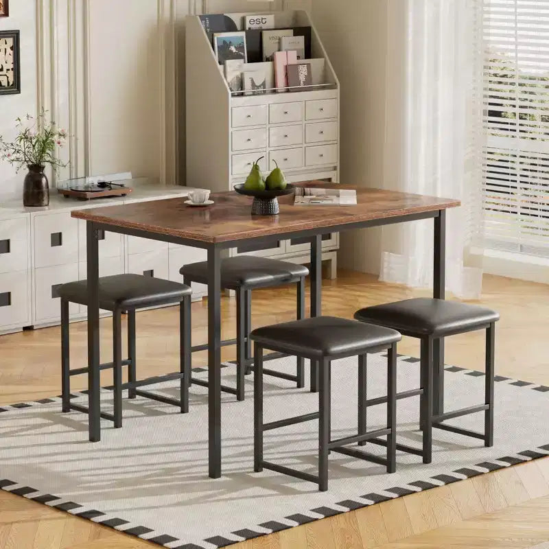 Ensemble Table et Chaises de Cuisine VECELO pour 4, Ensemble Salle à Manger avec Chaises/Tabourets en PU, Cadre Robuste pour Petits Espaces, Marron/Noir