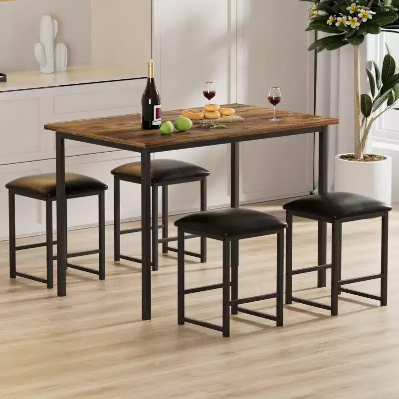 Ensemble Table et Chaises de Cuisine VECELO pour 4, Ensemble Salle à Manger avec Chaises/Tabourets en PU, Cadre Robuste pour Petits Espaces, Marron/Noir