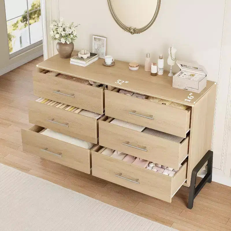 Commode large de 52 po, commode de chambre à 6 tiroirs, coffre de rangement en bois, armoire à 6 tiroirs, pour salon, chambre, entrée