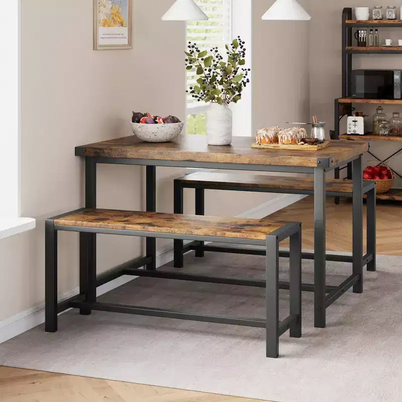 Ensemble table à manger pour 4, table de cuisine avec bancs, ensemble table de salle à manger rectangulaire avec 2 bancs rembourrés, ensemble table à manger 3 pièces